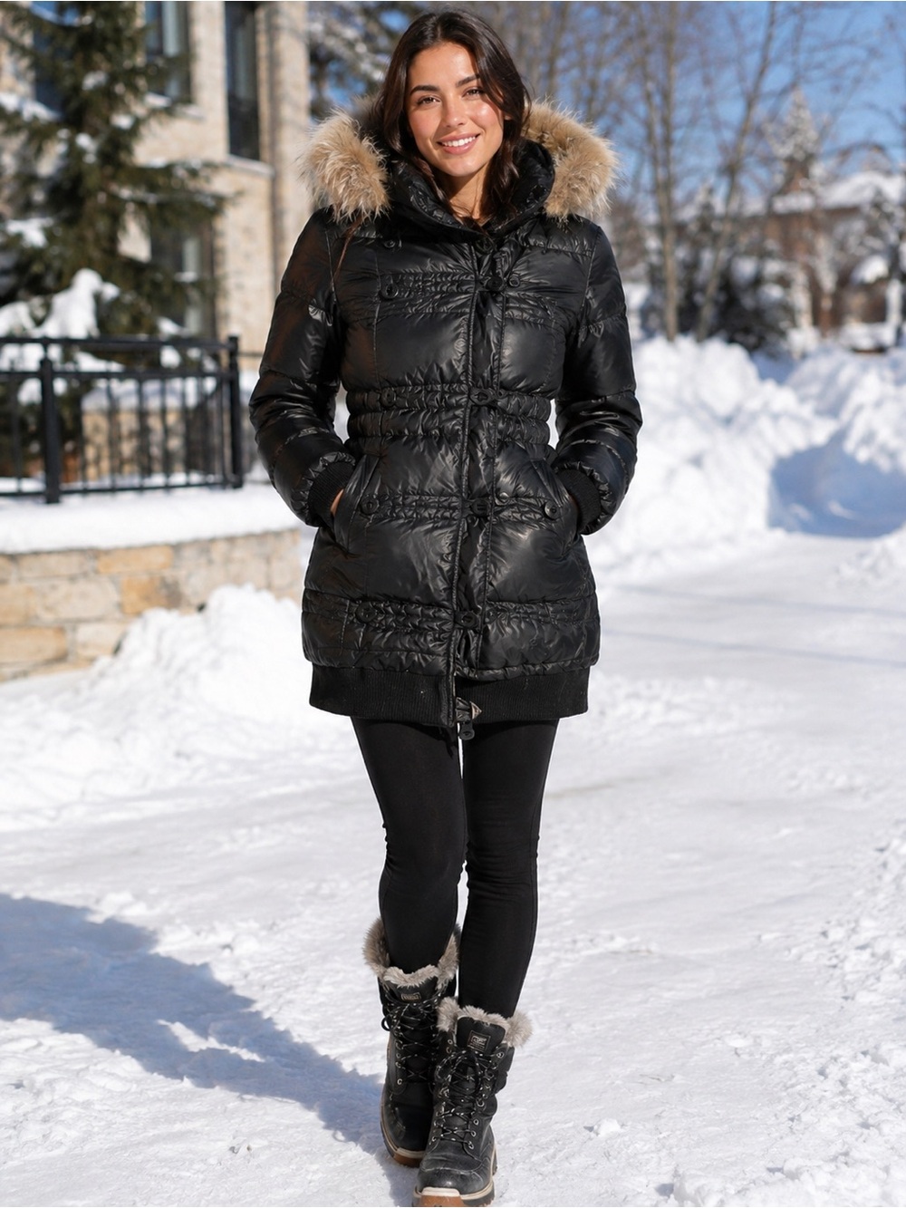 Rudsak Black Down Puffer Winter Coat XL Natural Raccoon Fur Hood Long Parka